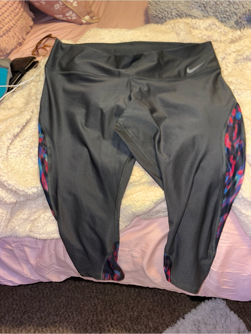 Nike Black Capri Leggings with Pink and Blue Side Panels